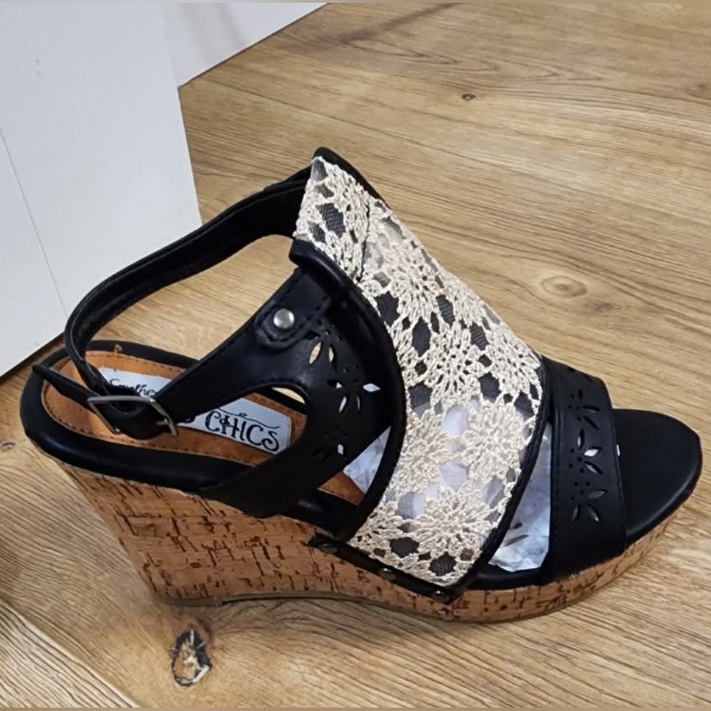 Chic Black and Cream Wedges with Ankle Strap